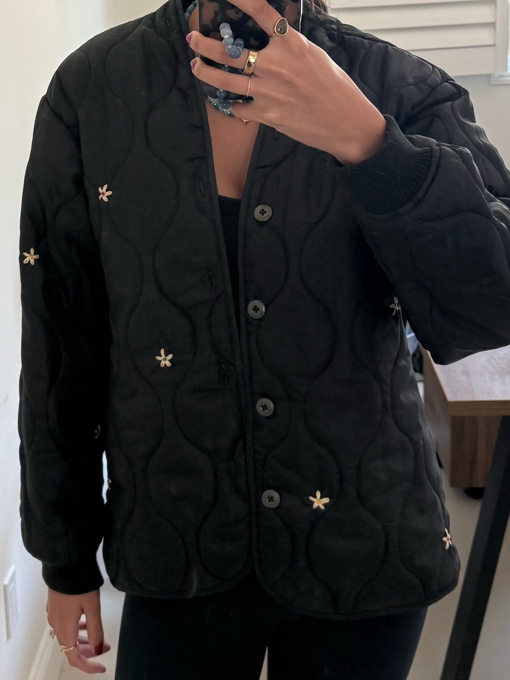 Black Quilted Button-Front Jacket with Star Studs